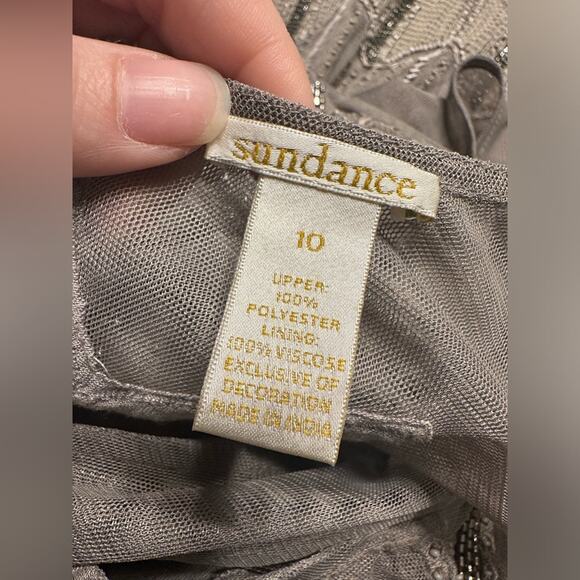 Sundance Mesh Overlay Beaded Chevron Silver Grey Dress Size 10 EUC - Picture 4 of 6
